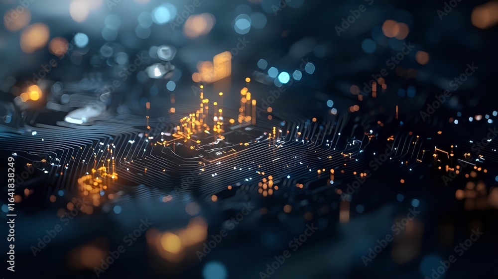 Poster glowing circuit board paths with orange and blue bokeh lights creating futuristic technology landsca