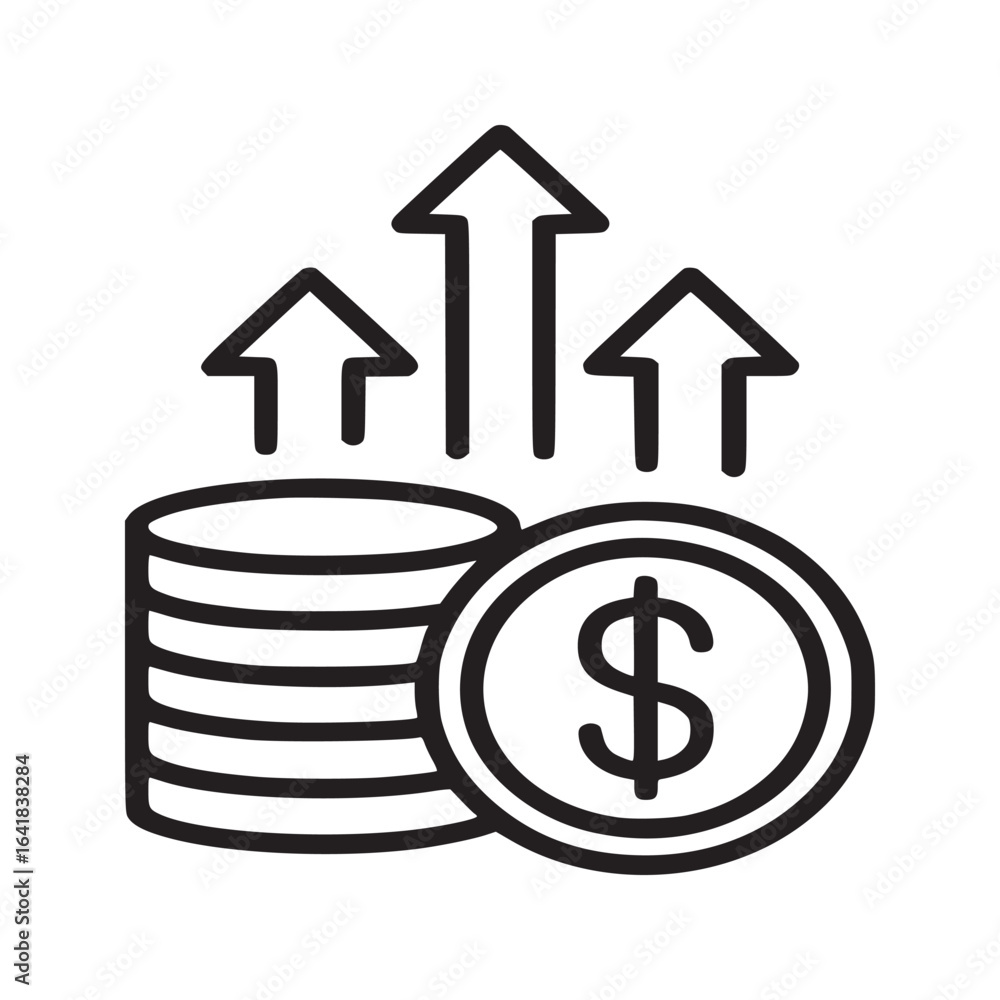 Poster a line drawing of stacked coins with a dollar sign and upward pointing arrows on a white background
