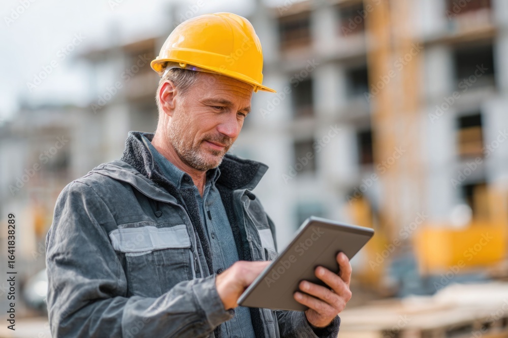 Aufkleber civil engineer or architect with hardhat on construction site checking schedule on tablet computer