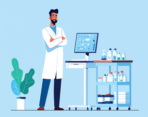 Smiling male scientist in a white coat stands confidently in a modern research laboratory with a computer and chemical supplies. Vector illustration.