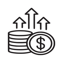 A line drawing of stacked coins with a dollar sign and upward pointing arrows on a white background