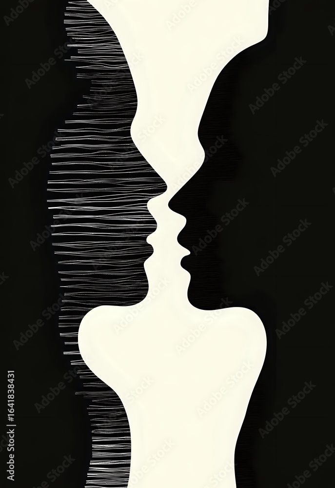 Poster minimalist black and white silhouette of two faces in profile facing each other, creating negative s