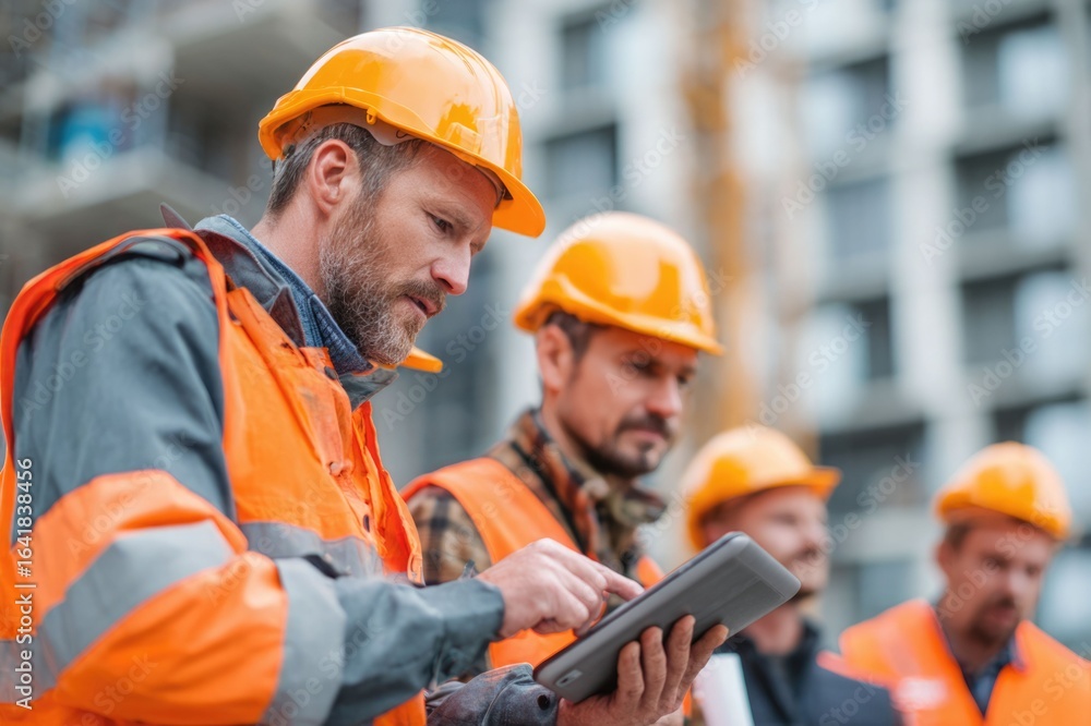 Poster everyone needs to be on the same page. shot of a group of architects using a digital tablet at a bui