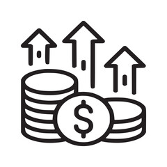 Illustration of stacked coins with a dollar sign and arrows pointing upwards in black outline