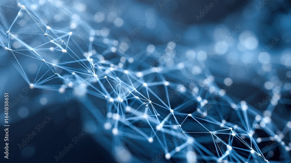 Poster abstract blue network connection with interconnected nodes for data transmission and futuristic tech
