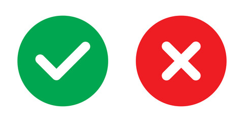 Obraz premium Check mark and cross mark icon buttons. Colourful check box icons. Right and wrong buttons. Yes or no checkmark icon. Green tick box and red cross box on white background. EPS 10. 
