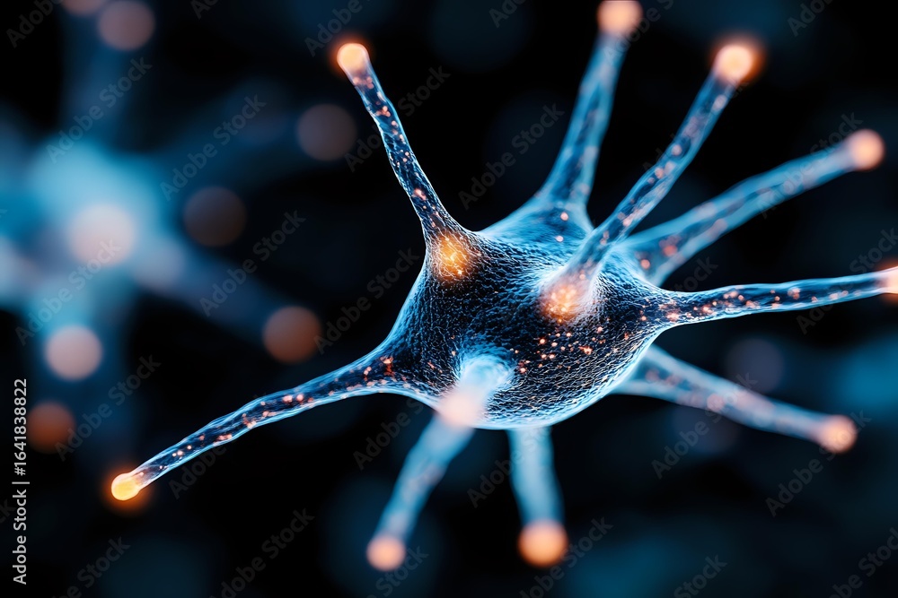 Aufkleber glowing neuron cell with synaptic connections on dark background, illuminated dendrites and axons sh