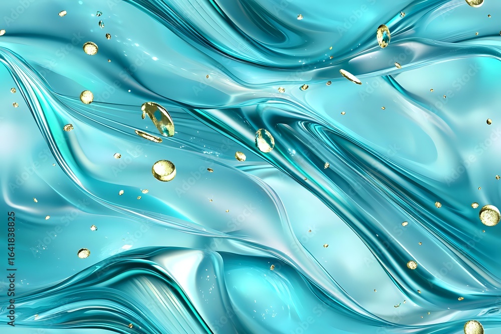 Poster luxurious turquoise liquid waves with golden droplets creating elegant flowing pattern. abstract aqu