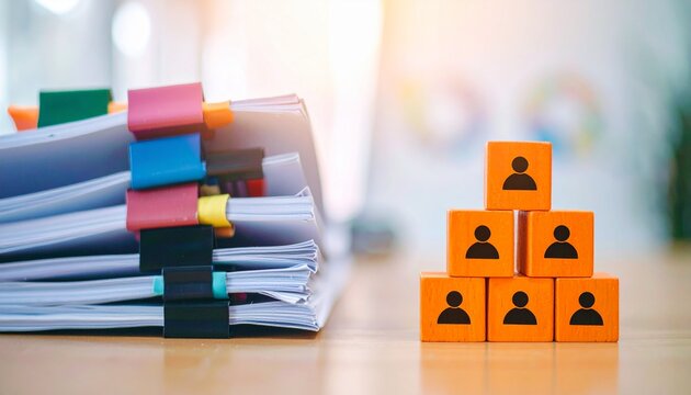 A stack of papers, office supplies on the desk and social pyramid. The image represents the office and hierarchy concepts 