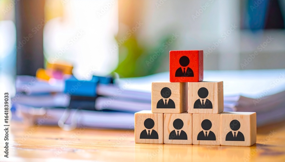 Poster conceptual illustration of a business team's hierarchical structure with wooden blocks.