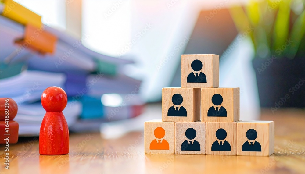 Aufkleber wooden blocks and a figure represent a hierarchical structure, highlighting team dynamics in a works