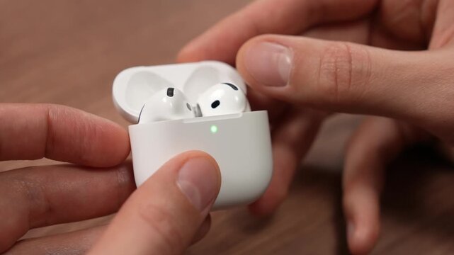 A man opens a white case of wireless headphones