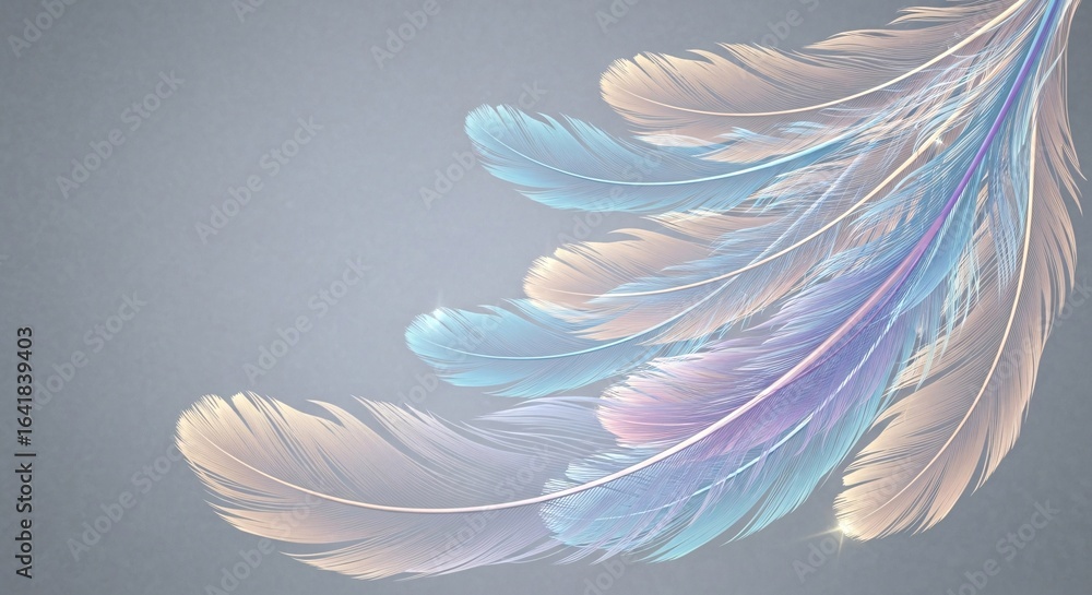 Poster colorful abstract feathers illustration on a textured gray background with soft lighting and ample c