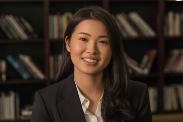 Fototapeta premium Portrait of smiling asian woman in business suit indoors