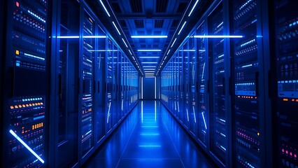 Fototapeta premium Futuristic server room corridor illuminated by blue LED lights, creating geometric light trails.