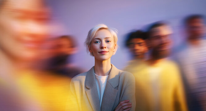 Calm and composed female professional centered in fast-moving crowd under warm purple and yellow lighting

