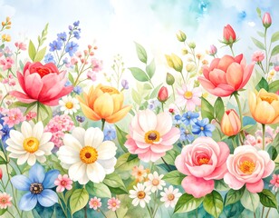 Vibrant watercolor painting of a lush, diverse floral border