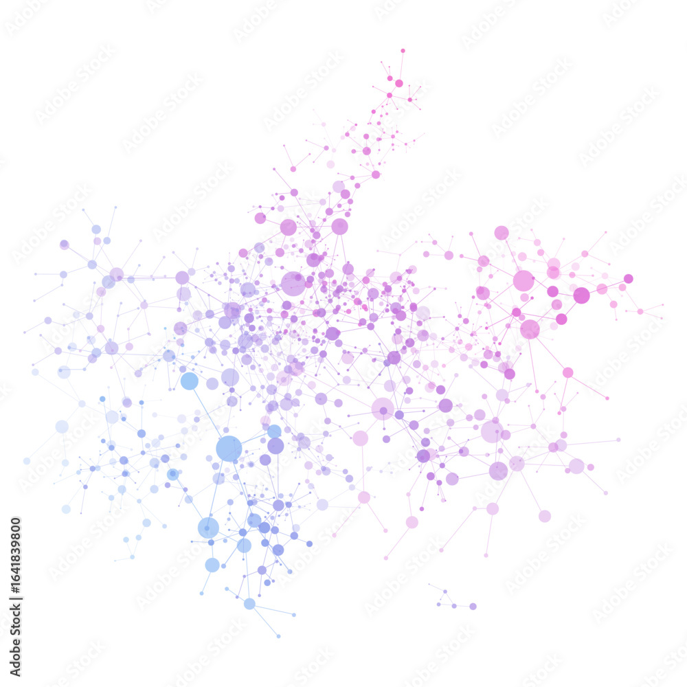 Poster abstract molecular network structure with gradient nodes and connecting lines in blue and purple ton
