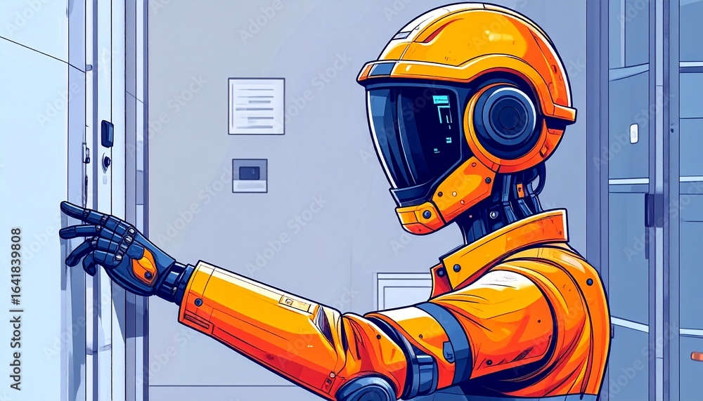 Poster a modern robot with a helmet is interacting with technology, potentially working or fixing something