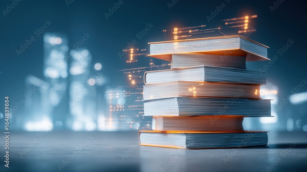 Poster stack of books with glowing data overlay on cityscape background, symbolizing knowledge and technolo