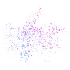 Abstract molecular network structure with gradient nodes and connecting lines in blue and purple tones, ideal for science, tech, or data-related designs.