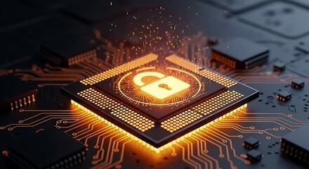 Digital security concept depicted on computer circuit board