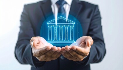 A man's hands cradling a digital representation of a building's facade, embodying concepts of finance and authority. The blue neon-like design provides a modern interpretation