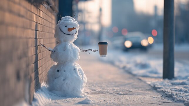 Funny snowman holding coffee cup on snowy city street