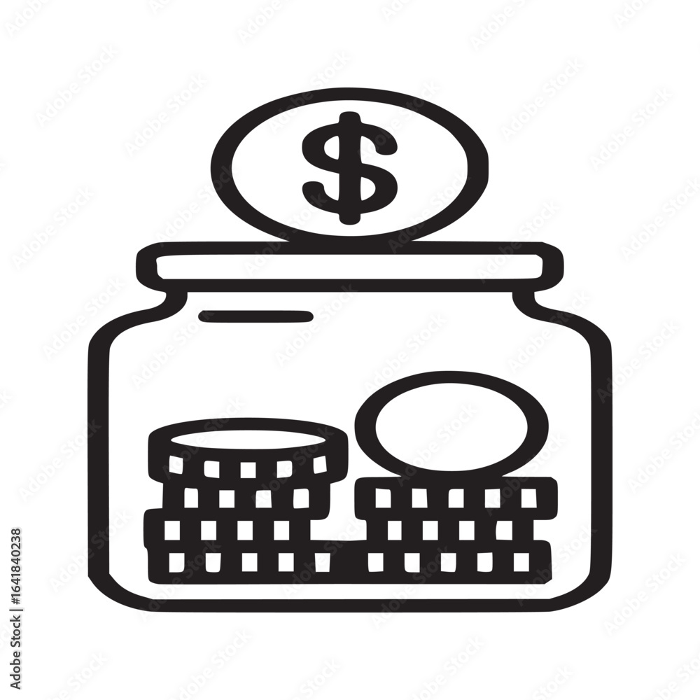 Poster outline drawing of a jar filled with stacked coins and a coin with a dollar sign on top of the jar