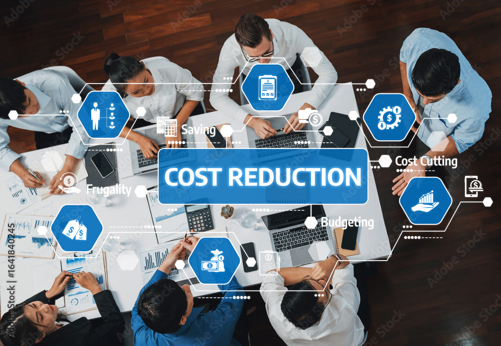 Poster a diverse team of professionals collaborates in a modern office setting, focusing on cost reduction 