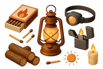 Camping gear fire lighting tools isolated on a transparent background lantern matches