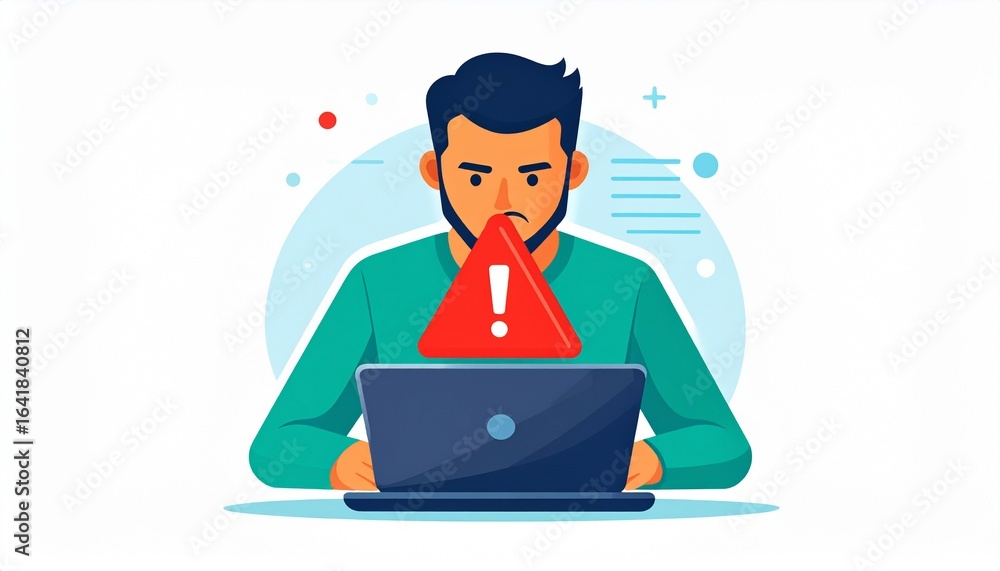 Poster a man is facing a system error on his laptop, shown by a red exclamation mark. he seems concerned wh