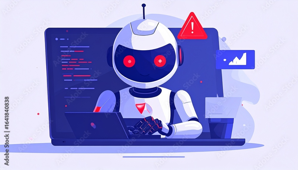 Aufkleber a robotic figure with red eyes, and a red exclamation mark on top of head, sitting in front of a lap