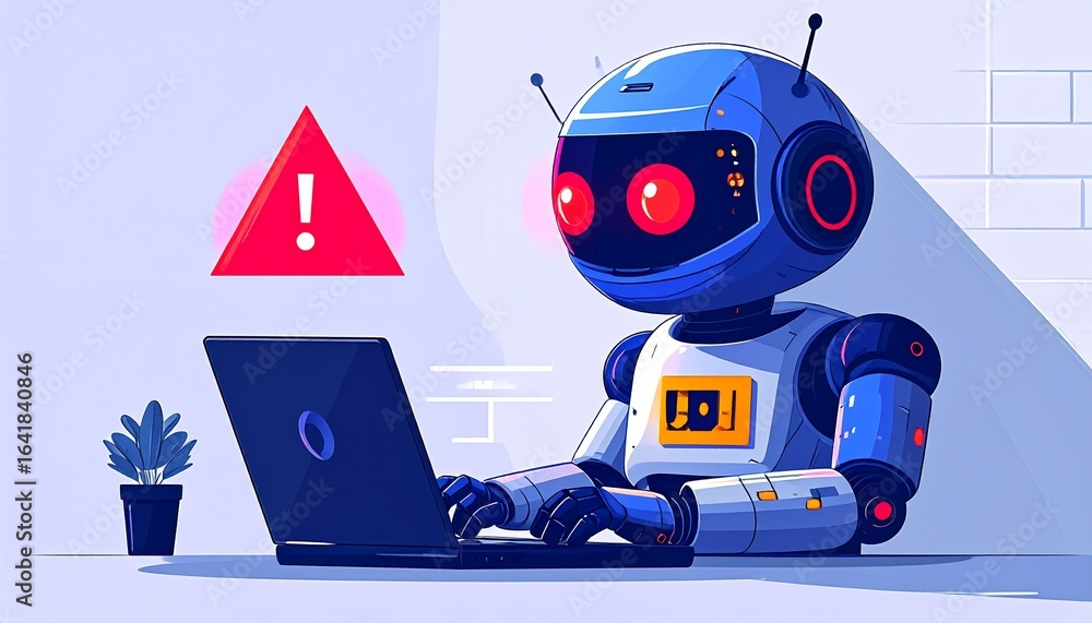 Poster a robotic figure with a laptop and an alert icon. a robot sits at a desk, working on a laptop with a