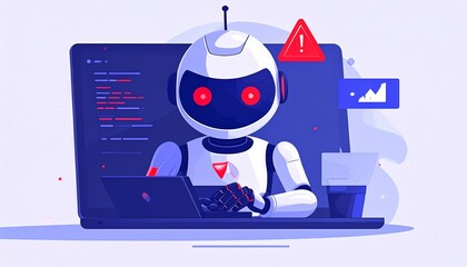 A robotic figure with red eyes, and a red exclamation mark on top of head, sitting in front of a laptop, indicating problem or errors on the screen.