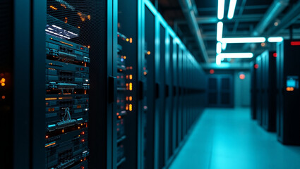 An Organized Server Room Featuring Central Switch and Network Cabling System