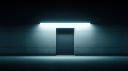 A dark hallway with a neon light shining on a door