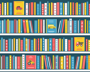 BookShelves with Books. Seamless Pattern. Shelves with Kids Books. Picture Books. Library Interior. Bookstore Interior. Children's books on the White Shelves. Vector in Blue, Yellow, Red, White © irynaalex