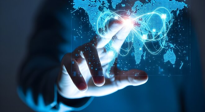 Hand Touching Digital Network Map with Artificial Intelligence Connections in Blue Holographic Interface