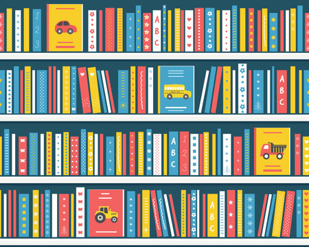 BookShelves with Books. Seamless Pattern. Shelves with Kids Books. Picture Books. Library Interior. Bookstore Interior. Children's books on the White Shelves. Vector in Blue, Yellow, Red, White