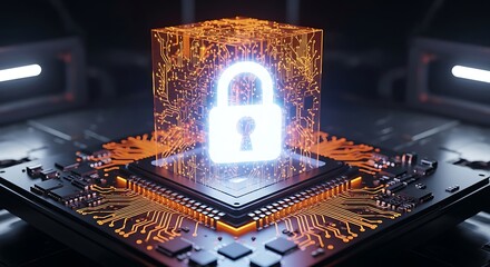 Digital security padlock and circuit board technology concept