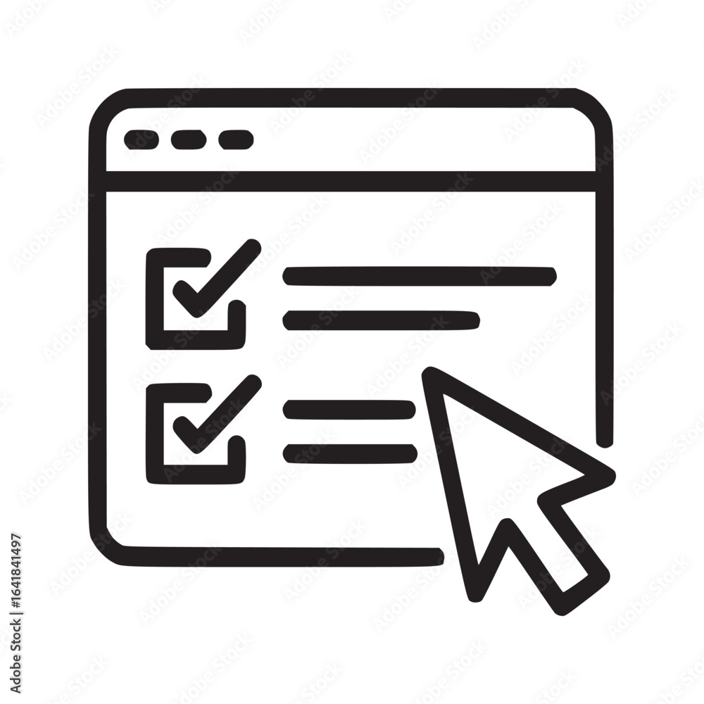 Poster illustration of a checklist on a screen with checkmarks and a cursor in black and white outline styl