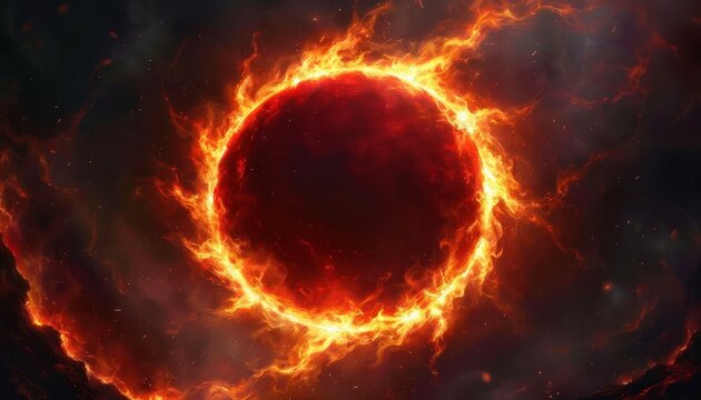 Perfect red circle with flame spikes, representing symbolic yagna fire on dark background, copy space