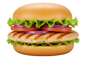 Appetizing grilled chicken sandwich with fresh lettuce, tomato, and onion, isolated on a clean white background