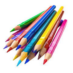 Fototapeta premium Colorful pencils scattered on table, classroom background, art supplies