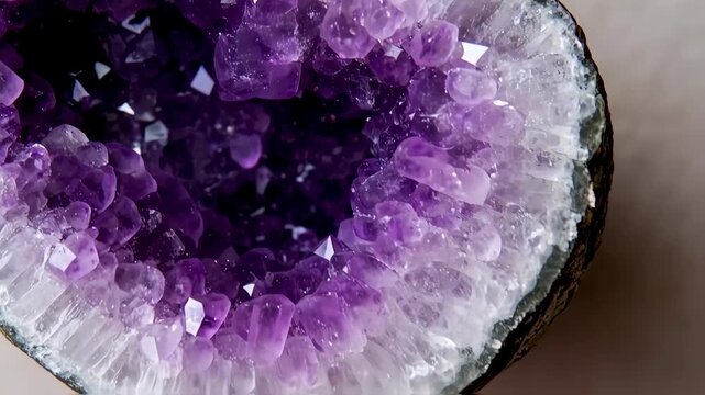 Close-up of a geode slice, showcasing intricate amethyst crystals