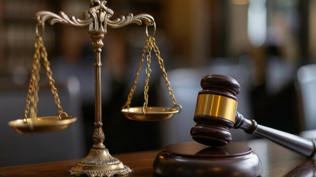 The displays symbolic scales justice along with gavel. These objects represent legal system, fairness,, impartial administration law in court settings