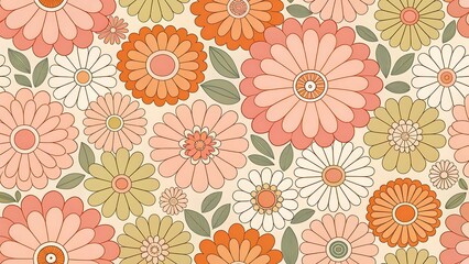 Fototapeta premium Seamless floral pattern with retro style flowers in pink, orange and beige
