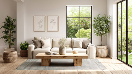 Clean Minimal Living Space in Scandinavian Style Featuring Beige Sofa, Wood Accents, and Muted Lighting With Cozy Pillow Setup