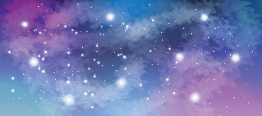 Space galaxy background with many stars. Realistic colorful cosmos with nebula and milky way. Space infinity with milky way starlight glow astronomical vector background